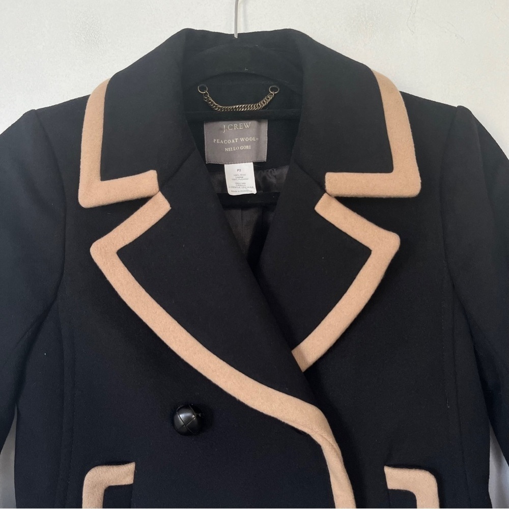 J. Crew Peacoat Wool by Nello Gori Size P2 Double Breasted Black Tan Trim - Picture 4 of 11
